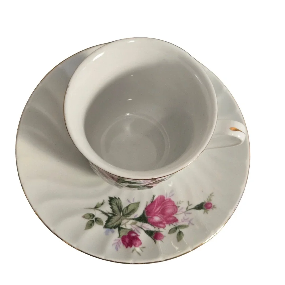 Vintage cottagecore MCM 60s Porcelain Teacup‎ and Saucer Set Pink Rose Gold Rim